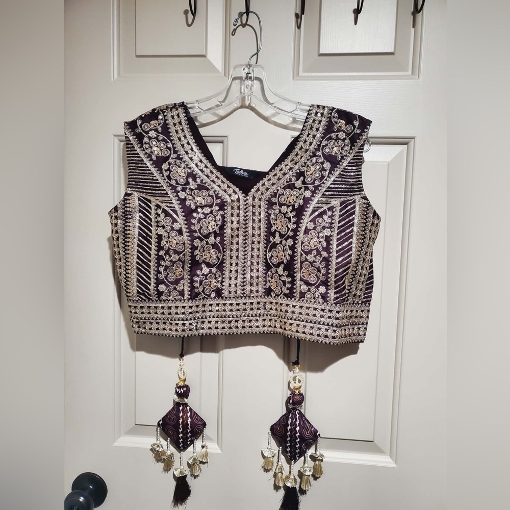 Lehenga Choli Set Traditional Embroidered Purple Crop Blouse with Tassels